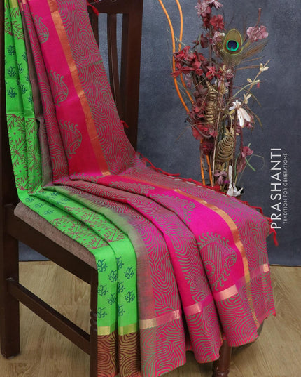 Silk cotton block printed saree green shade and pink with butta prints and zari woven printed border - {{ collection.title }} by Prashanti Sarees