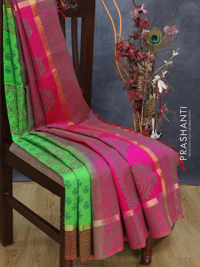 Silk cotton block printed saree green shade and pink with butta prints and zari woven printed border - {{ collection.title }} by Prashanti Sarees