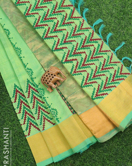 Silk cotton block printed saree green shade with allover prints and zari woven border - {{ collection.title }} by Prashanti Sarees