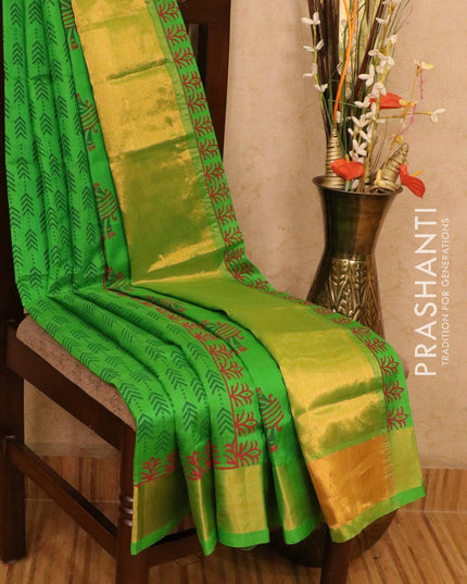 Silk cotton block printed saree green with allover prints and big zari woven border - {{ collection.title }} by Prashanti Sarees