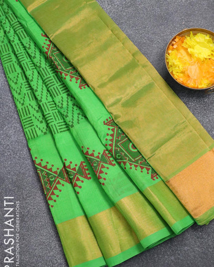Silk cotton block printed saree green with allover prints and zari woven border - {{ collection.title }} by Prashanti Sarees