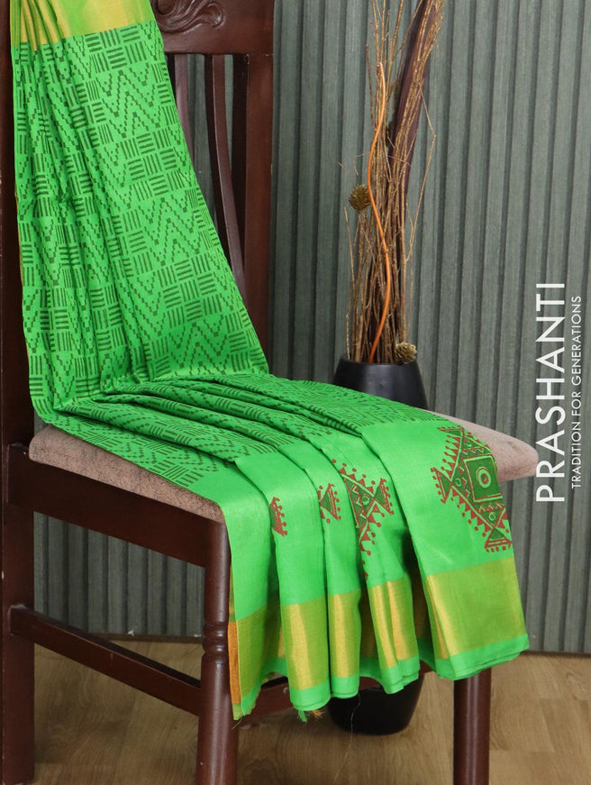 Silk cotton block printed saree green with allover prints and zari woven border - {{ collection.title }} by Prashanti Sarees