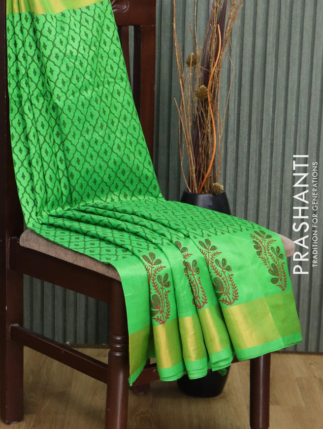 Silk cotton block printed saree green with allover prints and zari woven border - {{ collection.title }} by Prashanti Sarees