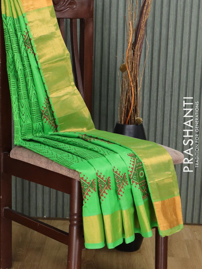 Silk cotton block printed saree green with allover prints and zari woven border - {{ collection.title }} by Prashanti Sarees
