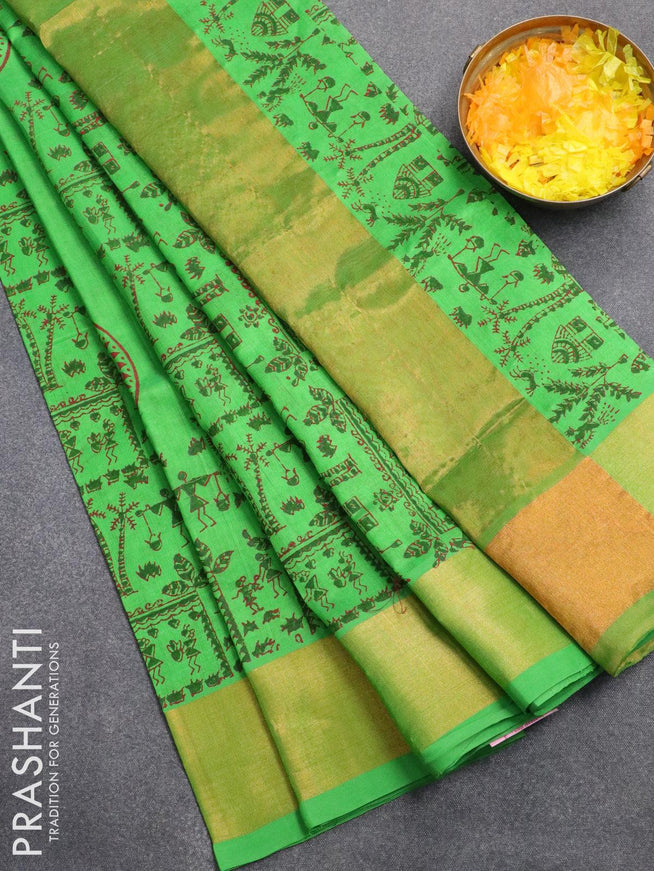 Silk cotton block printed saree green with allover warli prints and zari woven border - {{ collection.title }} by Prashanti Sarees