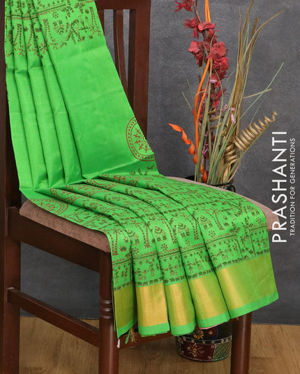 Silk cotton block printed saree green with allover warli prints and zari woven border - {{ collection.title }} by Prashanti Sarees