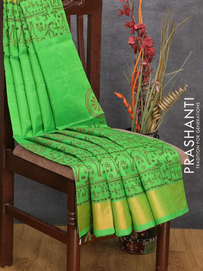 Silk cotton block printed saree green with allover warli prints and zari woven border - {{ collection.title }} by Prashanti Sarees