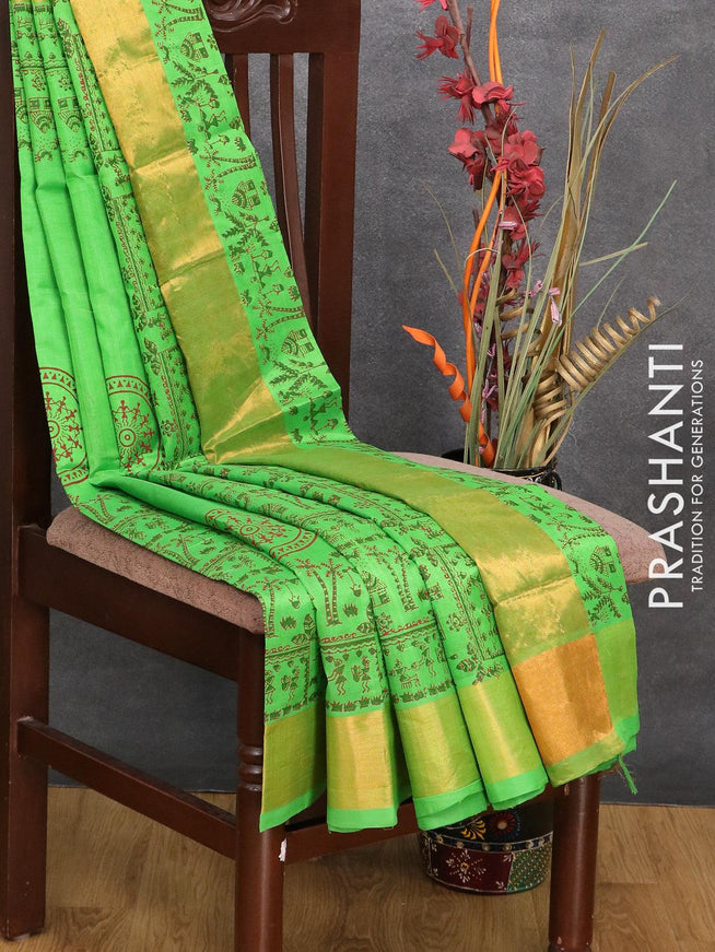 Silk cotton block printed saree green with allover warli prints and zari woven border - {{ collection.title }} by Prashanti Sarees