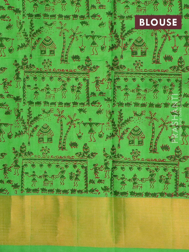 Silk cotton block printed saree green with allover warli prints and zari woven border - {{ collection.title }} by Prashanti Sarees