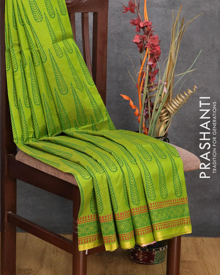 Silk cotton block printed saree light green and red with allover butta prints and zari woven piping border - {{ collection.title }} by Prashanti Sarees