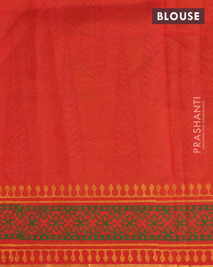 Silk cotton block printed saree light green and red with allover butta prints and zari woven piping border - {{ collection.title }} by Prashanti Sarees