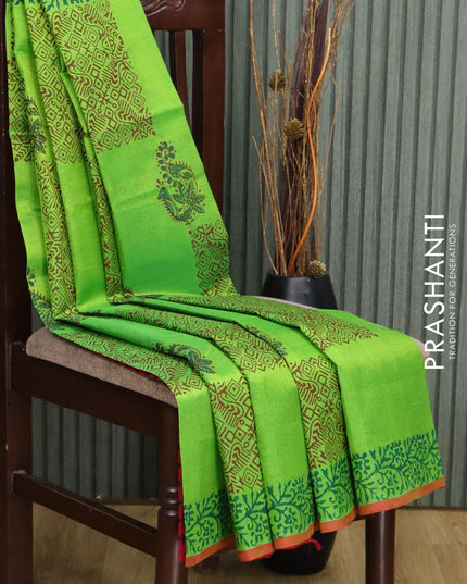Silk cotton block printed saree light green and red with allover prints and printed border - {{ collection.title }} by Prashanti Sarees