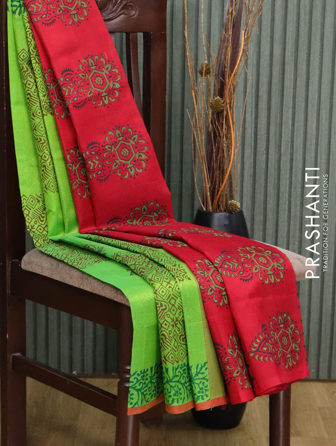 Silk cotton block printed saree light green and red with allover prints and printed border - {{ collection.title }} by Prashanti Sarees