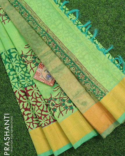Silk cotton block printed saree light green shade with allover prints and zari woven border - {{ collection.title }} by Prashanti Sarees