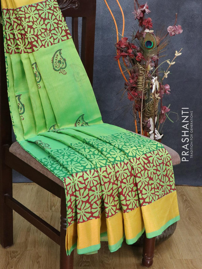 Silk cotton block printed saree light green shade with allover prints and zari woven border - {{ collection.title }} by Prashanti Sarees