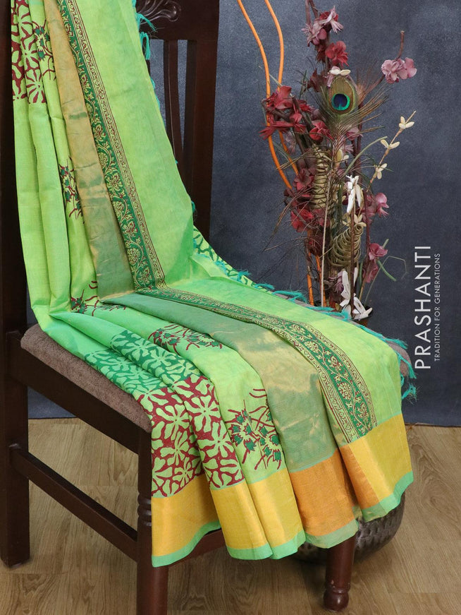 Silk cotton block printed saree light green shade with allover prints and zari woven border - {{ collection.title }} by Prashanti Sarees