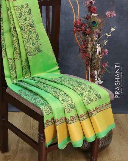 Silk cotton block printed saree light green with allover butta prints and zari woven border - {{ collection.title }} by Prashanti Sarees