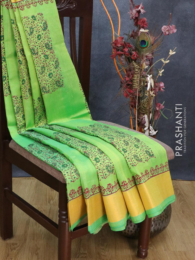 Silk cotton block printed saree light green with allover butta prints and zari woven border - {{ collection.title }} by Prashanti Sarees