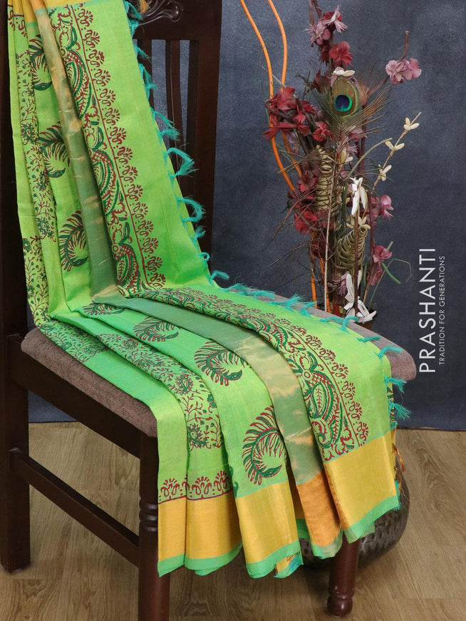 Silk cotton block printed saree light green with allover butta prints and zari woven border - {{ collection.title }} by Prashanti Sarees