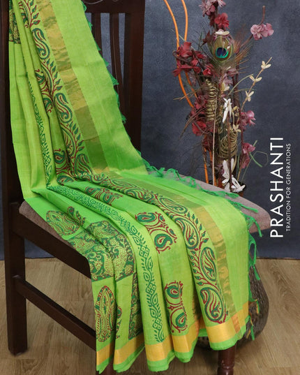 Silk cotton block printed saree light green with allover prints and small zari woven border - {{ collection.title }} by Prashanti Sarees