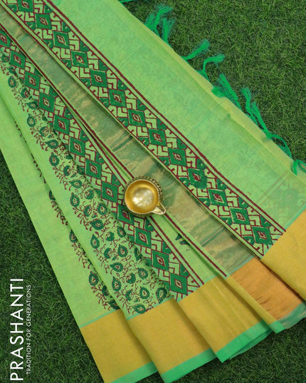 Silk cotton block printed saree light green with allover prints and zari woven border - {{ collection.title }} by Prashanti Sarees