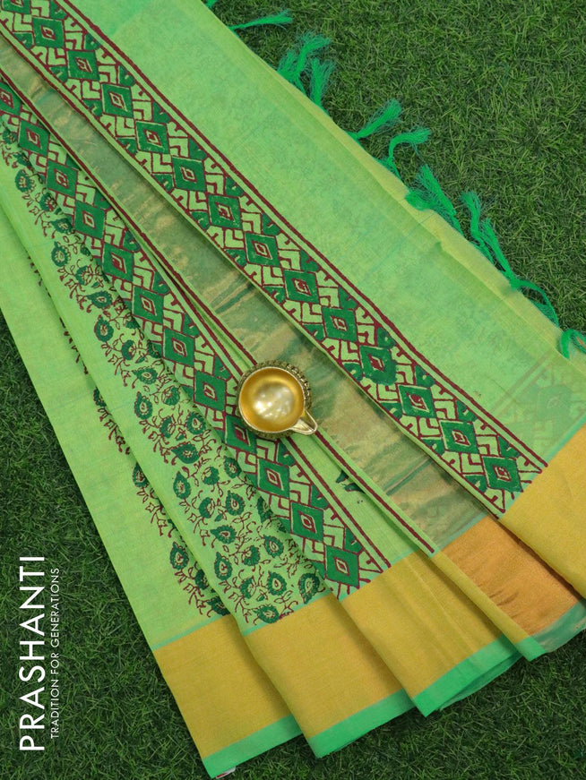 Silk cotton block printed saree light green with allover prints and zari woven border - {{ collection.title }} by Prashanti Sarees