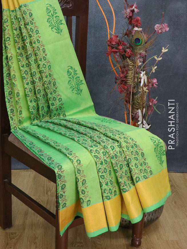 Silk cotton block printed saree light green with allover prints and zari woven border - {{ collection.title }} by Prashanti Sarees