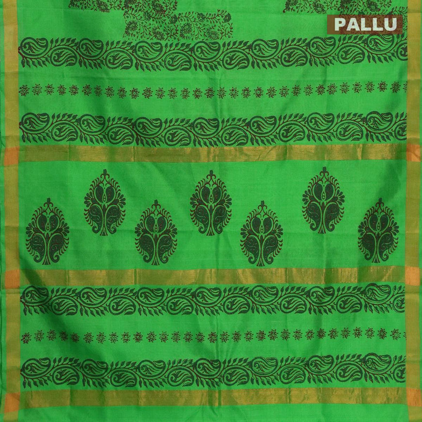 Silk cotton block printed saree light green with allover prints and zari woven border - {{ collection.title }} by Prashanti Sarees