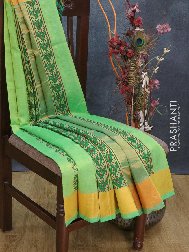 Silk cotton block printed saree light green with allover prints and zari woven border - {{ collection.title }} by Prashanti Sarees