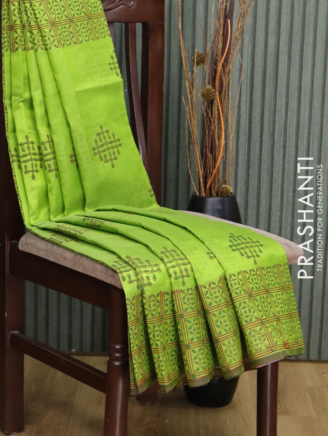 Silk cotton block printed saree light green with butta prints and piping border - {{ collection.title }} by Prashanti Sarees