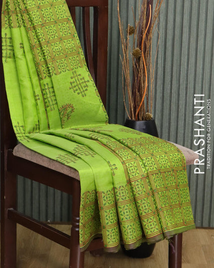 Silk cotton block printed saree light green with butta prints and piping border - {{ collection.title }} by Prashanti Sarees