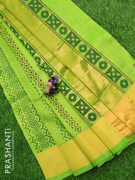 Silk cotton block printed saree light green with rangoli prints and zari woven border - {{ collection.title }} by Prashanti Sarees