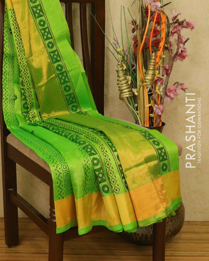 Silk cotton block printed saree light green with rangoli prints and zari woven border - {{ collection.title }} by Prashanti Sarees