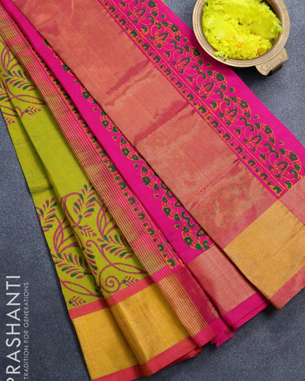 Silk cotton block printed saree lime green and pink with allover prints and zari woven border - {{ collection.title }} by Prashanti Sarees