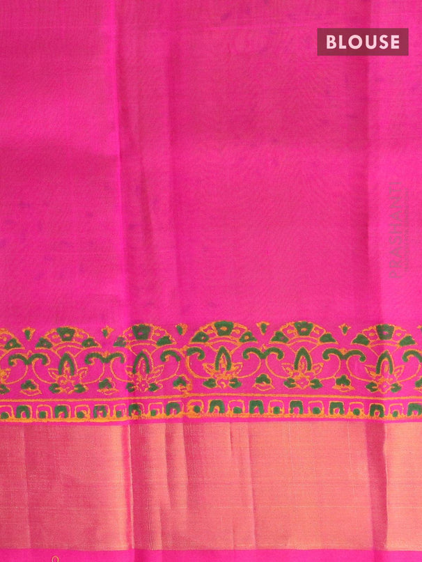 Silk cotton block printed saree lime green and pink with allover prints and zari woven border - {{ collection.title }} by Prashanti Sarees