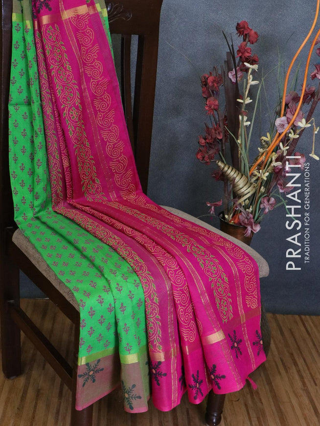Silk cotton block printed saree parrot green and pink with allover prints and printed border - {{ collection.title }} by Prashanti Sarees