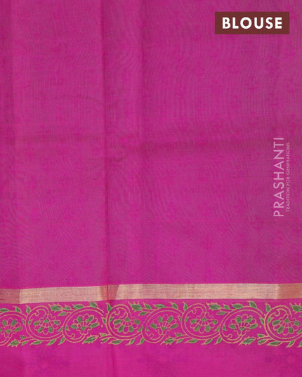 Silk cotton block printed saree parrot green and pink with allover prints and printed border - {{ collection.title }} by Prashanti Sarees