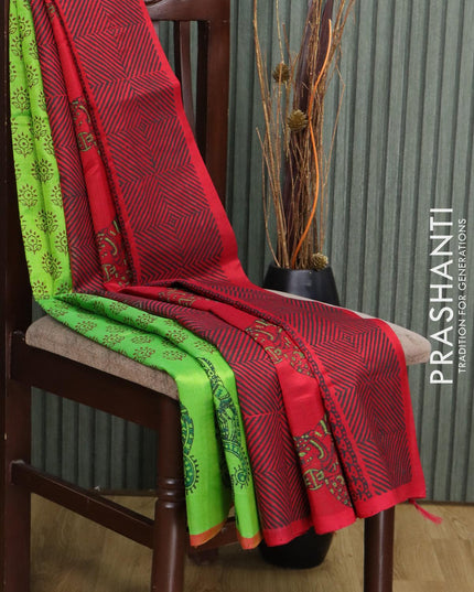 Silk cotton block printed saree parrot green and red with allover butta prints and piping border - {{ collection.title }} by Prashanti Sarees