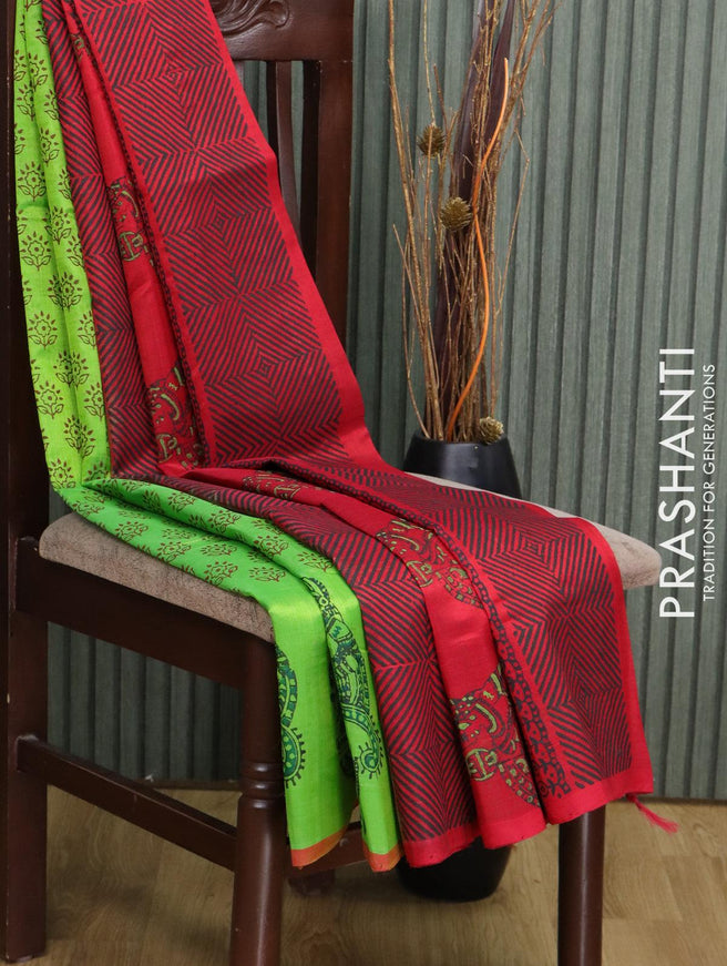 Silk cotton block printed saree parrot green and red with allover butta prints and piping border - {{ collection.title }} by Prashanti Sarees