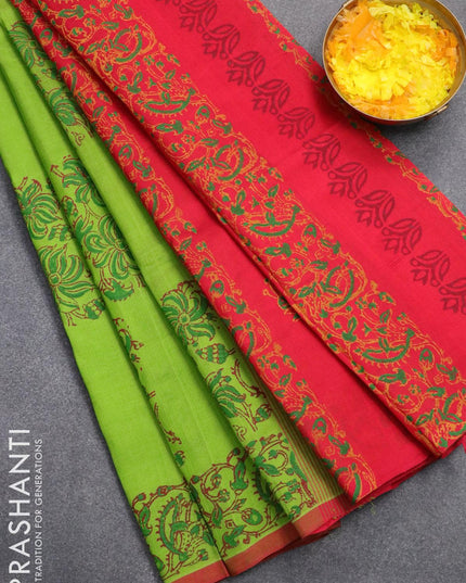 Silk cotton block printed saree parrot green and red with allover prints and piping border - {{ collection.title }} by Prashanti Sarees
