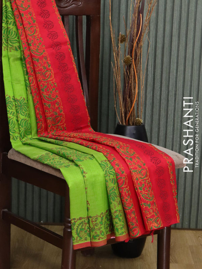 Silk cotton block printed saree parrot green and red with allover prints and piping border - {{ collection.title }} by Prashanti Sarees