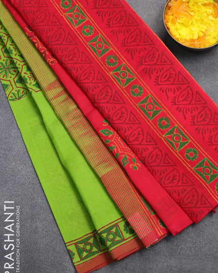 Silk cotton block printed saree parrot green and red with allover prints and printed border - {{ collection.title }} by Prashanti Sarees