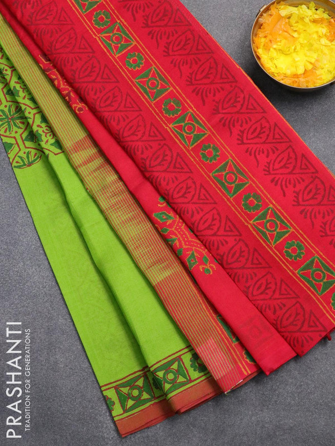 Silk cotton block printed saree parrot green and red with allover prints and printed border - {{ collection.title }} by Prashanti Sarees