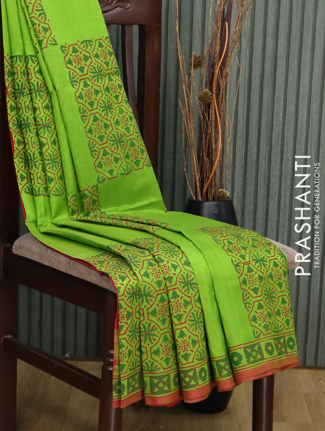 Silk cotton block printed saree parrot green and red with allover prints and printed border - {{ collection.title }} by Prashanti Sarees