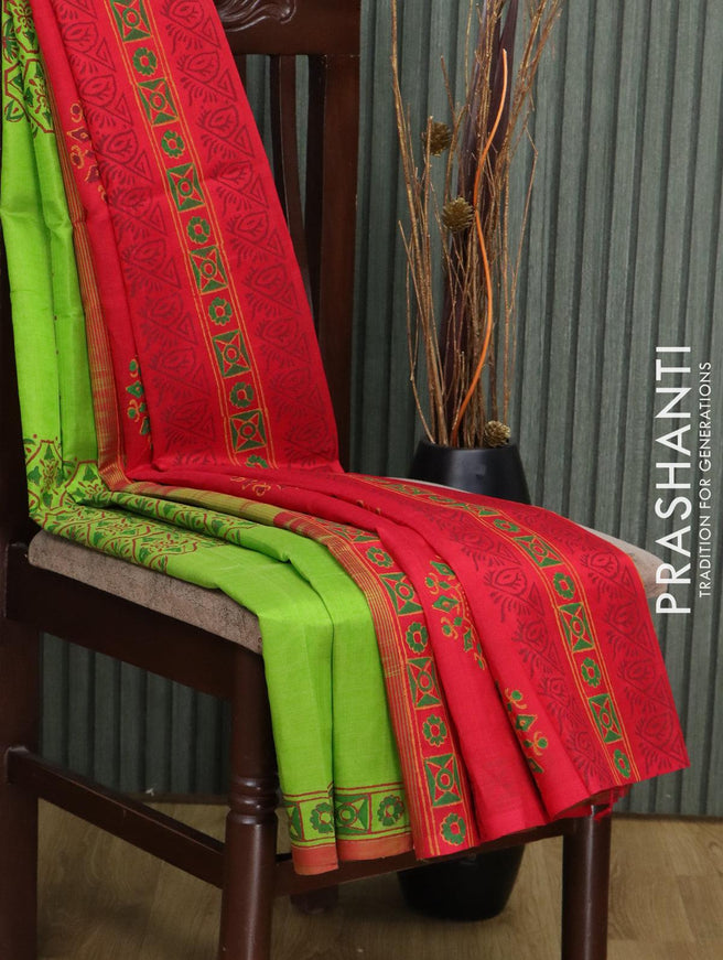 Silk cotton block printed saree parrot green and red with allover prints and printed border - {{ collection.title }} by Prashanti Sarees