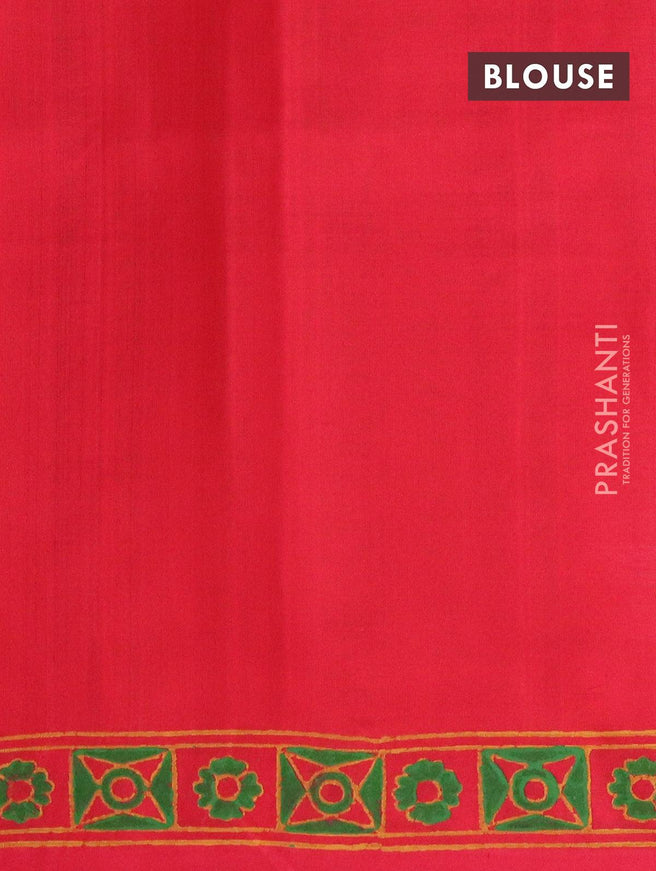 Silk cotton block printed saree parrot green and red with allover prints and printed border - {{ collection.title }} by Prashanti Sarees