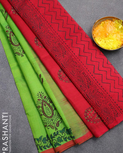 Silk cotton block printed saree parrot green and red with butta prints and piping border - {{ collection.title }} by Prashanti Sarees