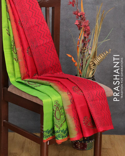 Silk cotton block printed saree parrot green and red with butta prints and piping border - {{ collection.title }} by Prashanti Sarees