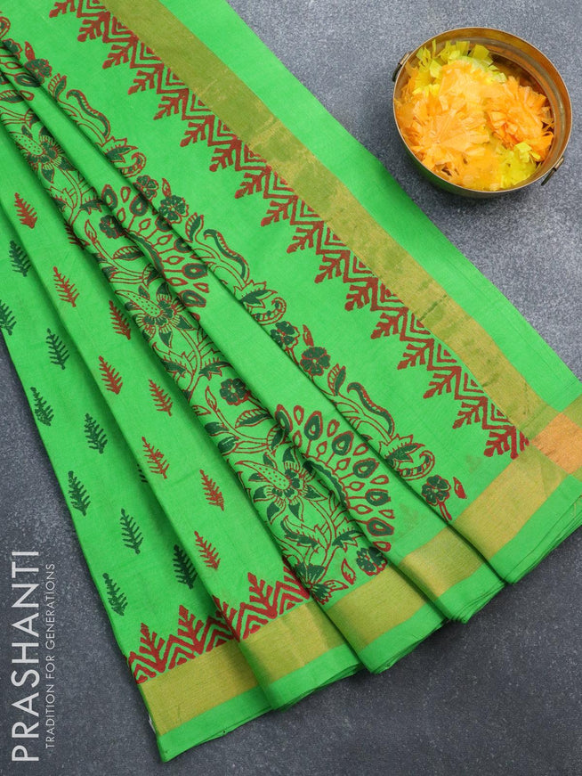 Silk cotton block printed saree parrot green with allover butta prints and zari woven border - {{ collection.title }} by Prashanti Sarees