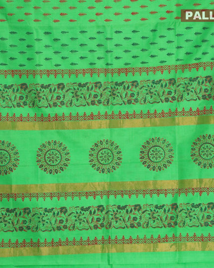 Silk cotton block printed saree parrot green with allover butta prints and zari woven border - {{ collection.title }} by Prashanti Sarees